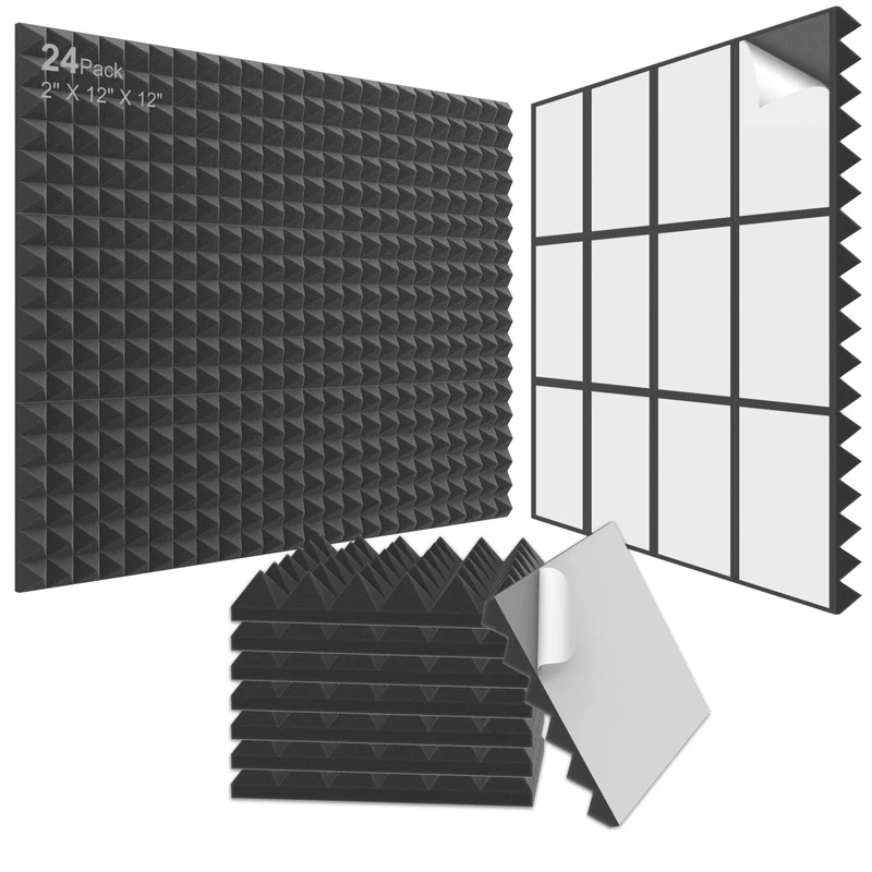 JBER 24Pack Pyramid Sound Proof Foam Panels, 2" X 12" X 12" Self-Adhesive Acoustic Wall Paddings for Home Office Studios (Black)