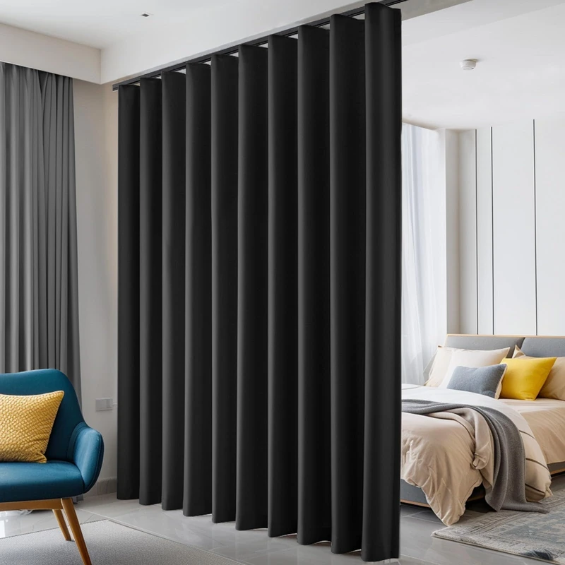 hoeflife Room Divider Curtains, Blackout Ceiling Track Curtains with Hook Sound Proof Floor Curtains Perfect for Ceiling Mount Curtain Tracks Wall Divider for Room Separation (Black, W180 x H96)