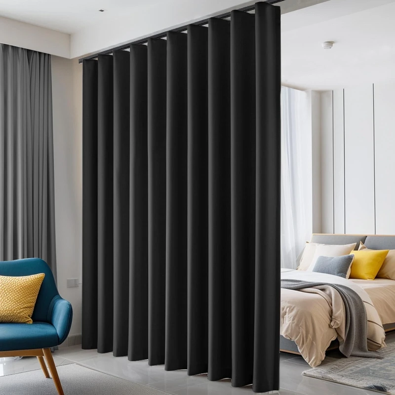 hoeflife Room Divider Curtains, Blackout Curtains with Hooks, Soundproof Floor Length Curtains, Perfect for Ceiling Mounting, Curtain Rails, Wall Divider for Room Separation, Black, 120" W x 96"