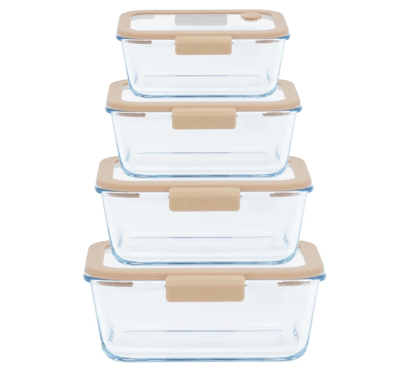 Pebbly PKV-056 Set of 5 Rectangular Storage Containers & Vacuum Pump, Glass, Transparent