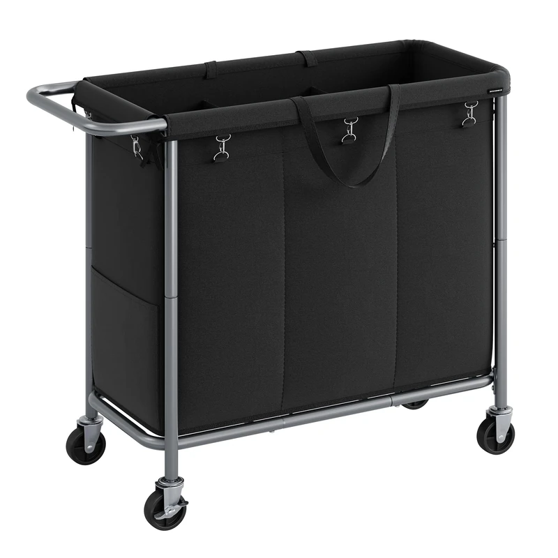 SONGMICS Laundry Basket on Wheels, 3-Compartment Laundry Hamper, 52.8 Gallons (200L), Removable Liner, Steel Frame with Handle, Large Linen Storage, 91 x 39 x 81 cm, Ink Black RLS005B01