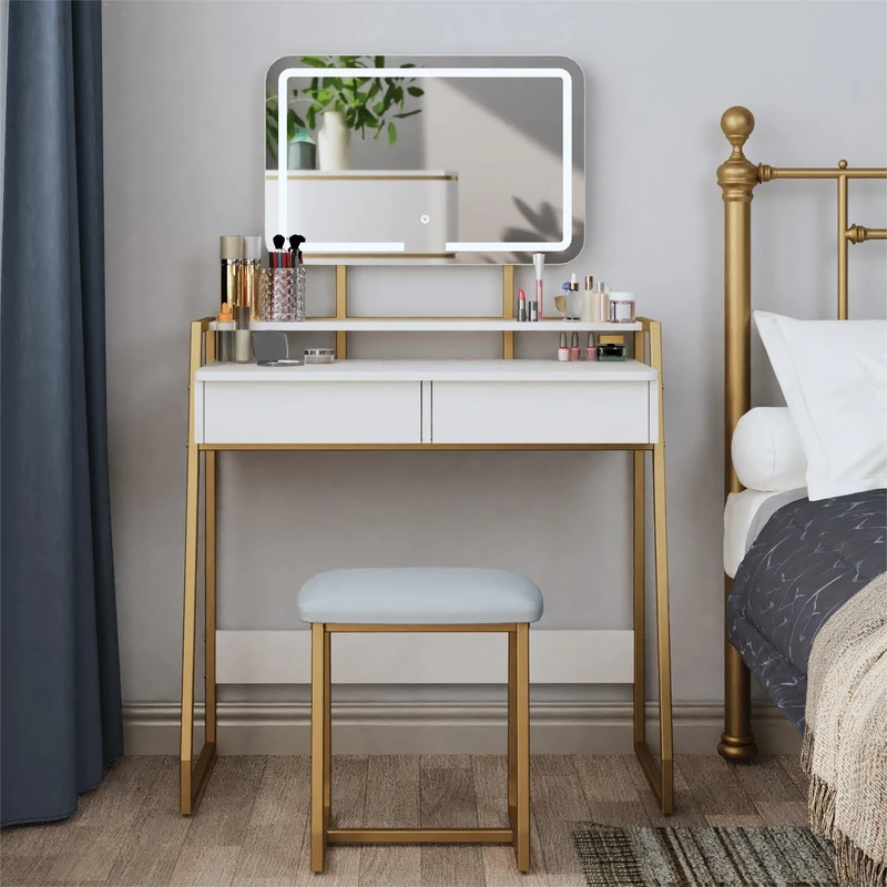Mondeer Makeup Table with Mirror and Stool, Vanity Dressing Table Set with 3 Color Adjustable Brightness LED Lights, 2 Large Storage Drawers and Metal Frame for Bedroom, White and Gold