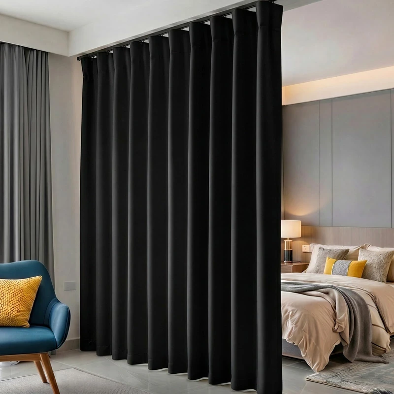 hoeflife Room Divider Curtains, Blackout Ceiling Track Curtains with Hook Sound Proof Floor Curtains Perfect for Ceiling Mount Curtain Tracks Wall Divider for Room Separation (Black, W120 x H108) - Image 1