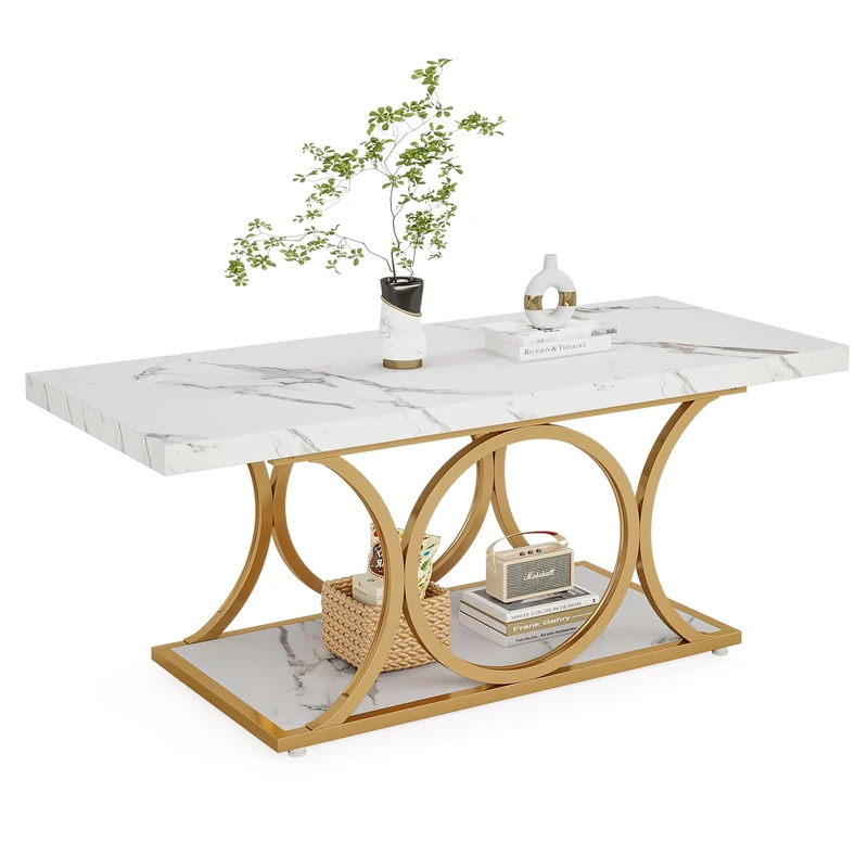LITTLE TREE White Rectangle Coffee Table, 47 Inches Modern Coffee Tables for Living Room, 2-Tier Faux Marble Wood Coffee Table with Storage, Large Center Table with Gold Metal Legs