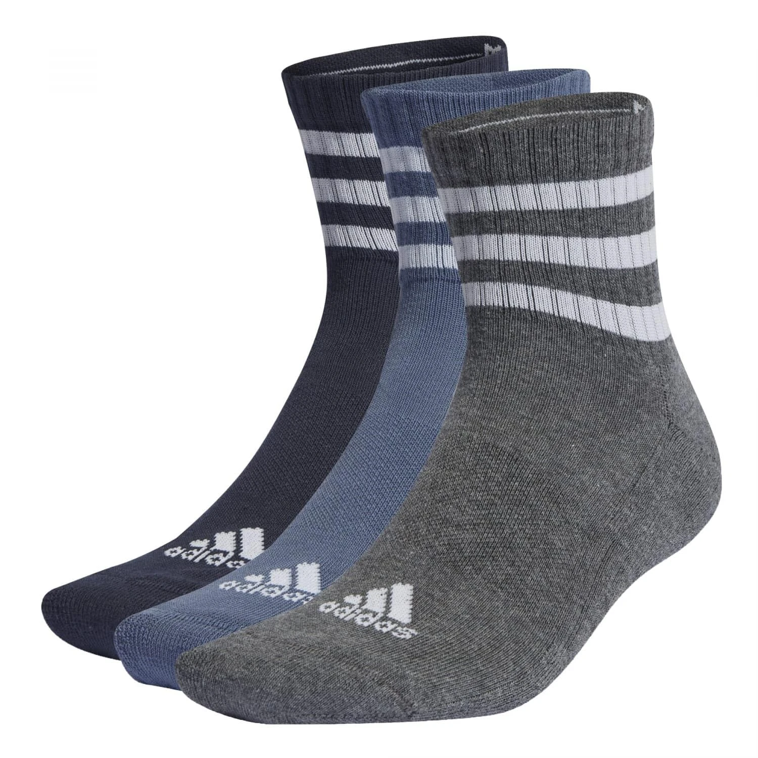 adidas Unisex 3-Stripes Cushioned Sportswear Mid-Cut Socks 3 Pairs, Legend Ink/Preloved Ink S24 / Dark Grey Heather, 4.5-6