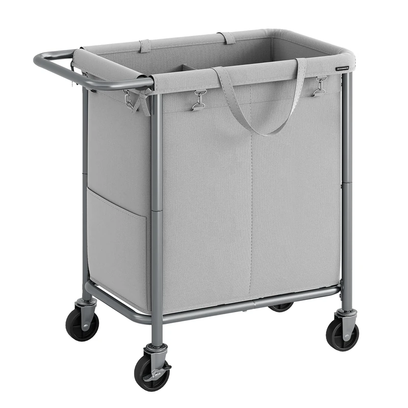 SONGMICS Laundry Basket with Wheels, 2-Section Rolling Laundry Hamper, 37 Gallons (140L), Removable Liner, Steel Frame with Handle, Blanket Storage, 27.2 x 15.4 x 31.9 Inches, Dove Grey URLS004G01
