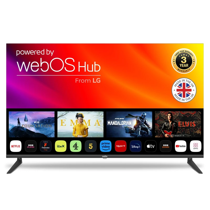Cello 50″ inch Smart Ultrafast WebOS Full HD TV with Freeview Play FreeSat, Bluetooth. Netflix, Apple TV+, Prime Video, Paramount+, BBC iPlayer Frameless Bezel Made in the UK