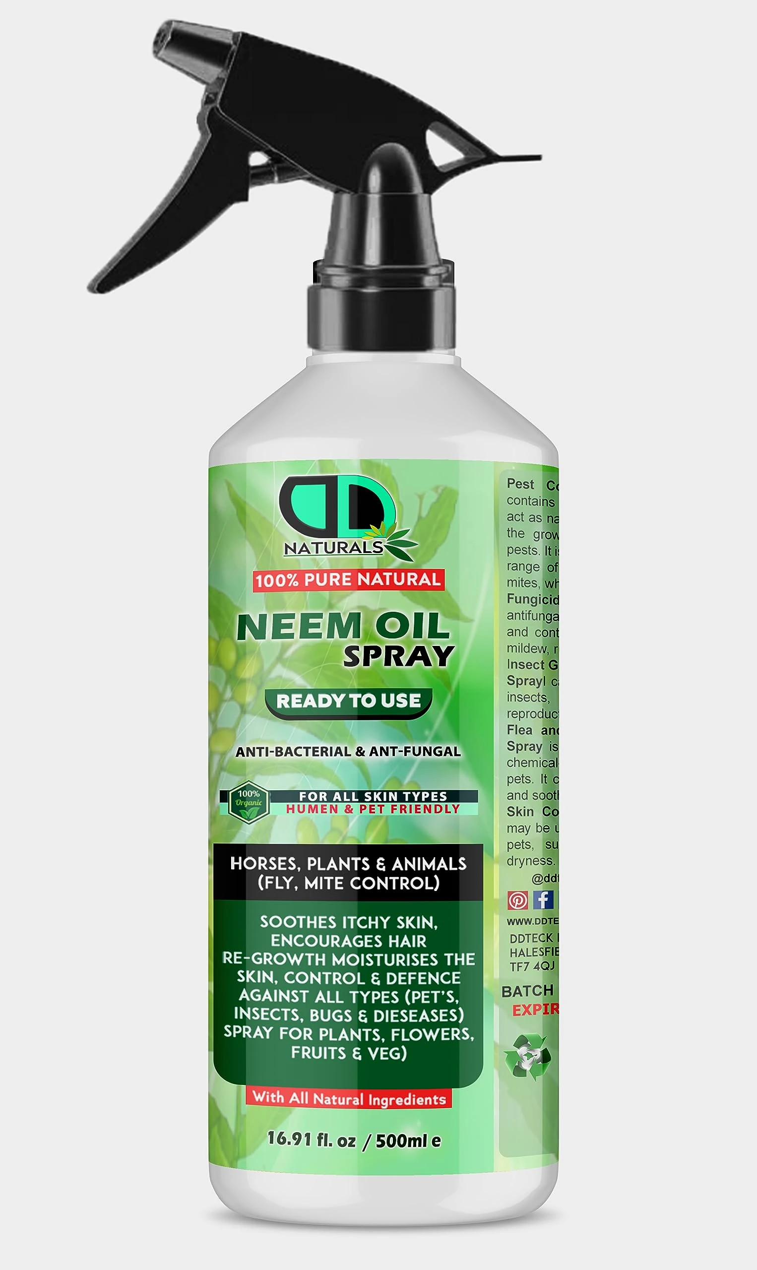 DD Teck Organic Neem Oil A Natural Garden Bug Spray for Plants & Horses - Insect Repellent & Bug Repellent for House, Skin Care, Hair Growht 500ML TRIGER Spray