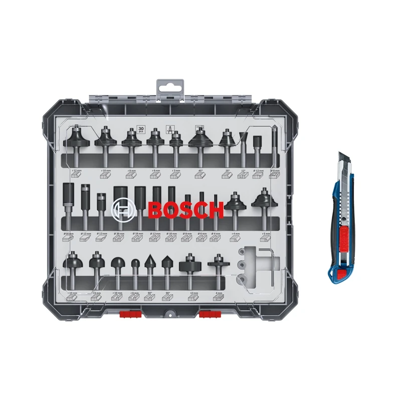 Bosch 30-Piece Cutter Set with Cutter Knife (for Wood, Diameter 8 mm Shank, Professional Accessories Router)