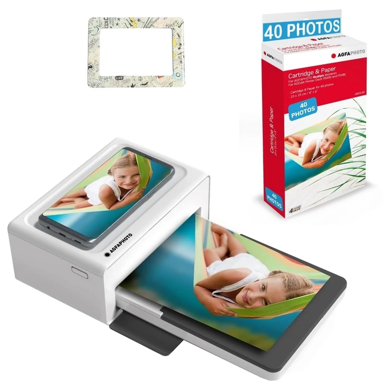AgfaPhoto Pack Imprimante Realipix Moments + Cartouches et papiers 40 photos + Joli cadre magnétique - Impression Bluetooth Photo 10x15 cm, iOS et Android, 4Pass Sublimation Thermique - Blanc