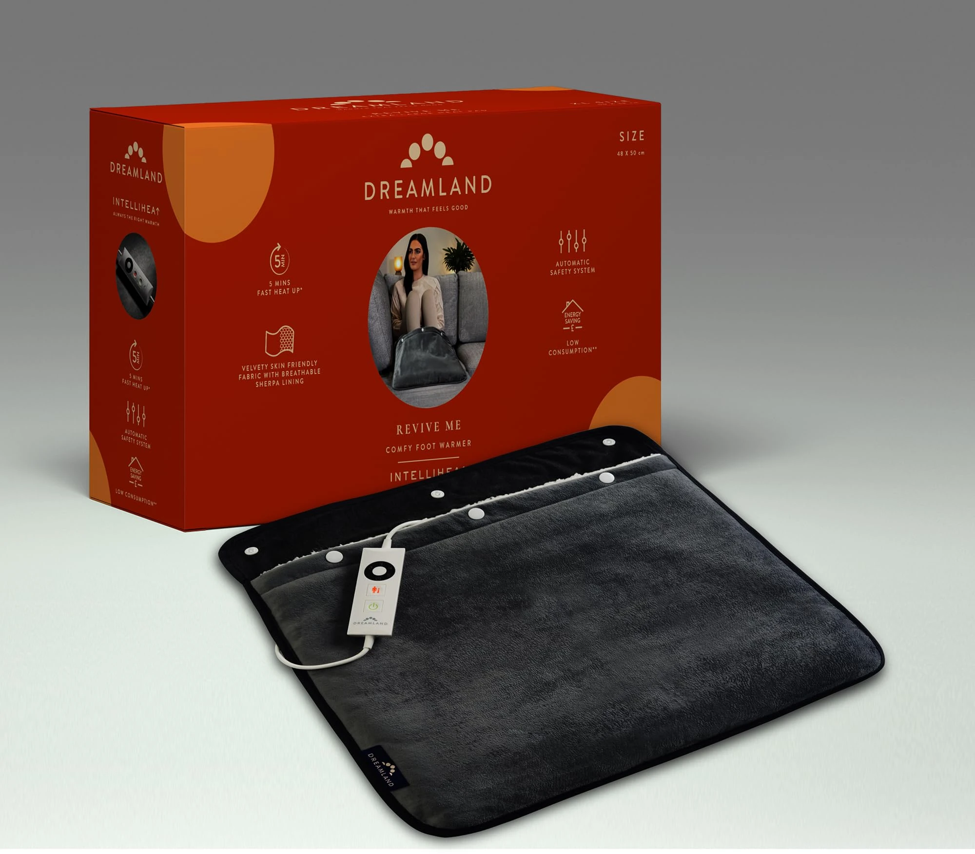 Dreamland Revive Me – Electric Foot Warmer, Electric Heating for Cold feet, Fast Heat-up, 3-Hour Adjustable Temperature, Auto Safety Shut-Off, Machine Washable, for Home Use, 50 x 48cm