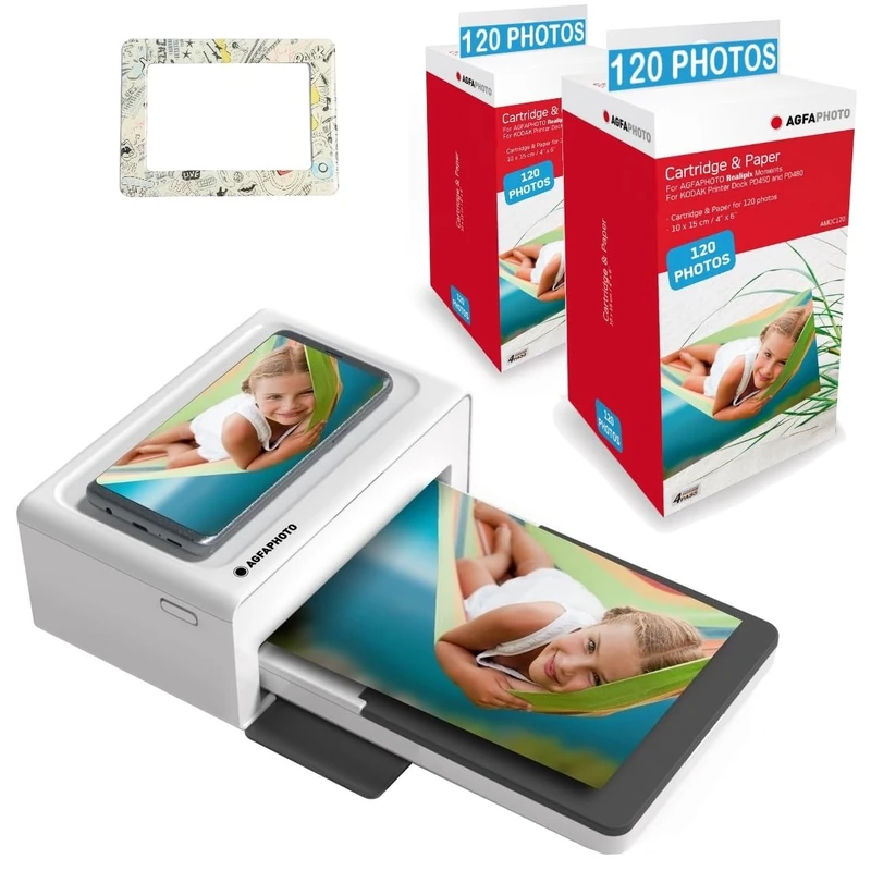 AgfaPhoto Pack Imprimante Realipix Moments + Cartouches et papiers 240 photos + Joli cadre magnétique - Impression Bluetooth Photo 10x15 cm, iOS et Android, 4Pass Sublimation Thermique - Blanc