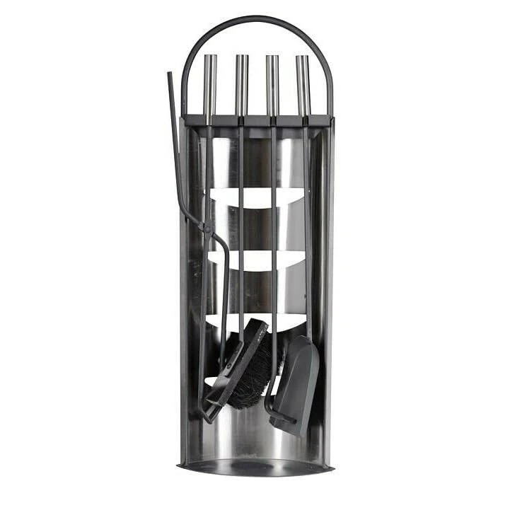 Valo Helsinki VK000302 4-Piece Fireplace Companion Set Including Fireplace Brush, Shovel, Gripper and Poker, Fireplace Set with Stand, Stainless Steel - Image 1