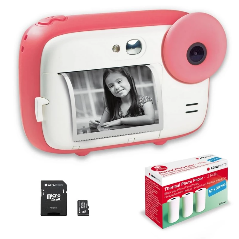 AGFA PHOTO Pack Realikids Instant Cam + 1 carte Micro SD 32GB + 3 rouleaux Papier Thermique ATP3WH - Appareil Photo Instantané Enfant, Ecran LCD 2,4', Miroir Selfie et filtre photo - Rose