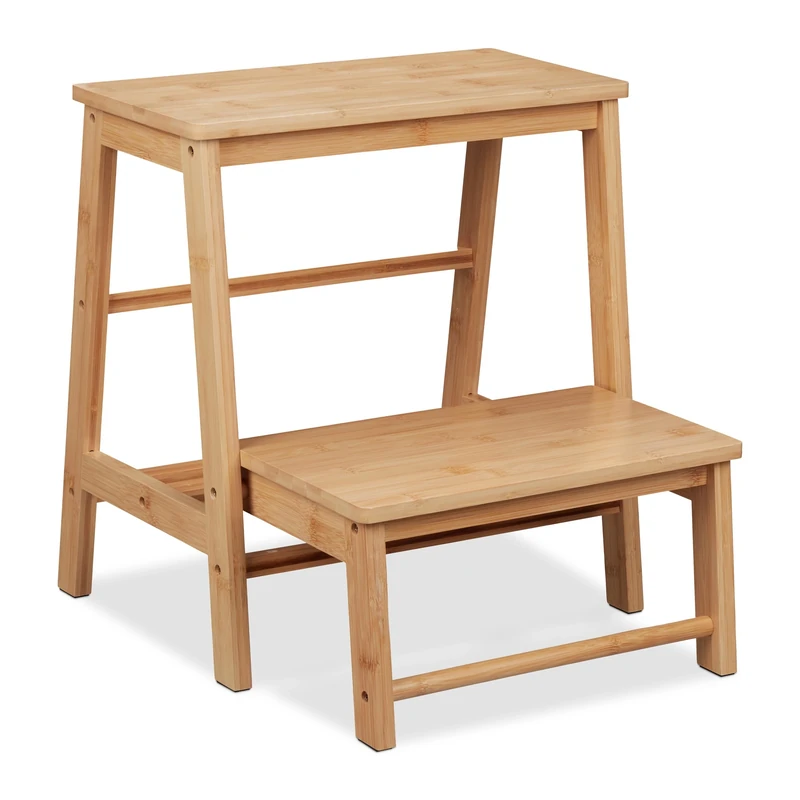 Relaxdays Stool, Foldable, 2 Steps, up to 100 kg, Children, Household, HxWxD 48 x 45 x 51 cm, Bamboo, Natural