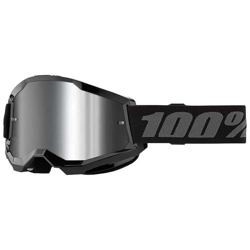 100% Strata 2 Goggles | Mirrored & Clear Lens Options | MTB/MX Goggles – Anti-Fog, Sweat-Absorbing Foam, Silicone Strap | Adult Off-Road Riding Eyewear Protection (Black, Silver Mirro)