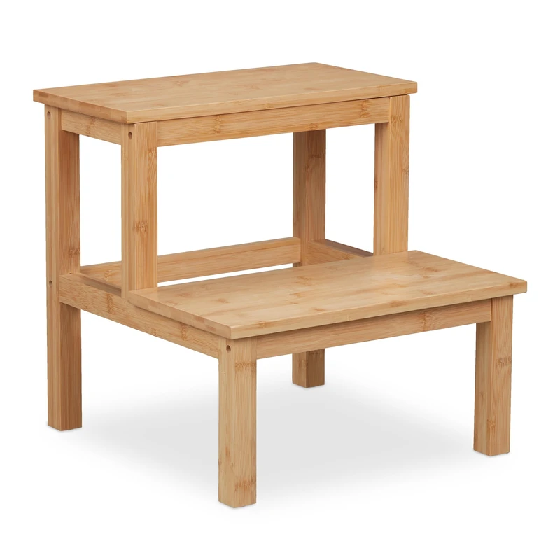 Relaxdays Stool, 2 Steps, Load up to 100 kg, Children, Household, HxWxD 40 x 40 x 40.5 cm, Bamboo, Natural