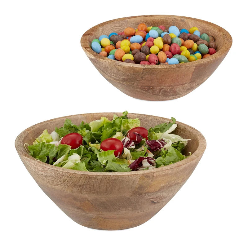 Relaxdays Salad Bowl, Set of 2, Mango Wood, Ø 23 & 29 cm, Round Serving Bowls, Snacks, Fruit, Kitchen, Decor, Brown - Image 1