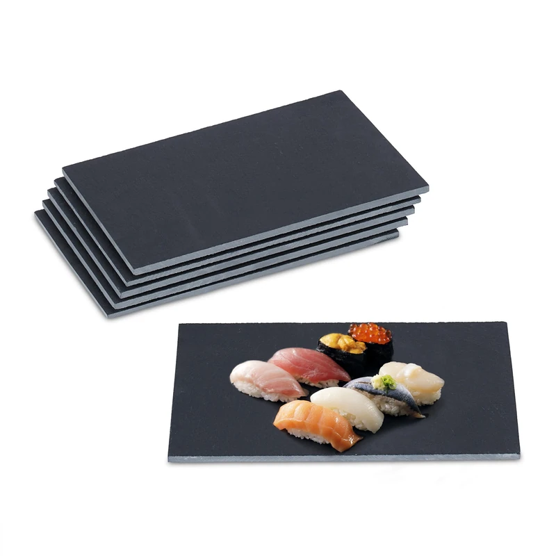 Relaxdays Slate Plates, Set of 6, Rectangular Serving Platters, 30 x 20 cm, Cheese & Desserts, to Write On, Dark Grey