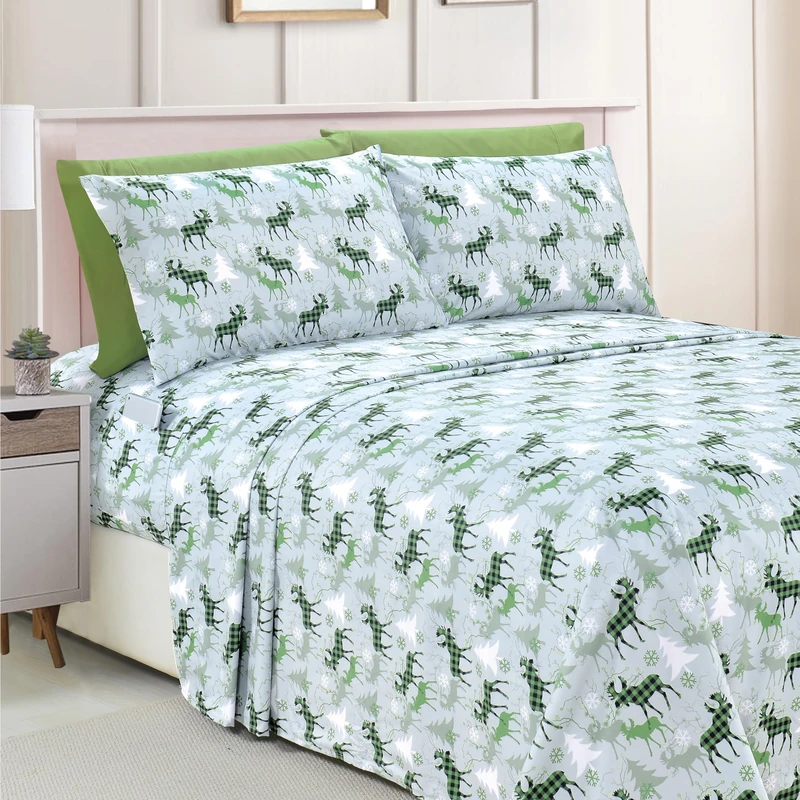 Elegant Comfort Luxury Soft Bed Sheets Holiday Pattern 1500 Premium Hotel Quality Microfiber - Softness Wrinkle and Fade Resistant (6-Piece) Bedding Set, King, Plaid Moose Green