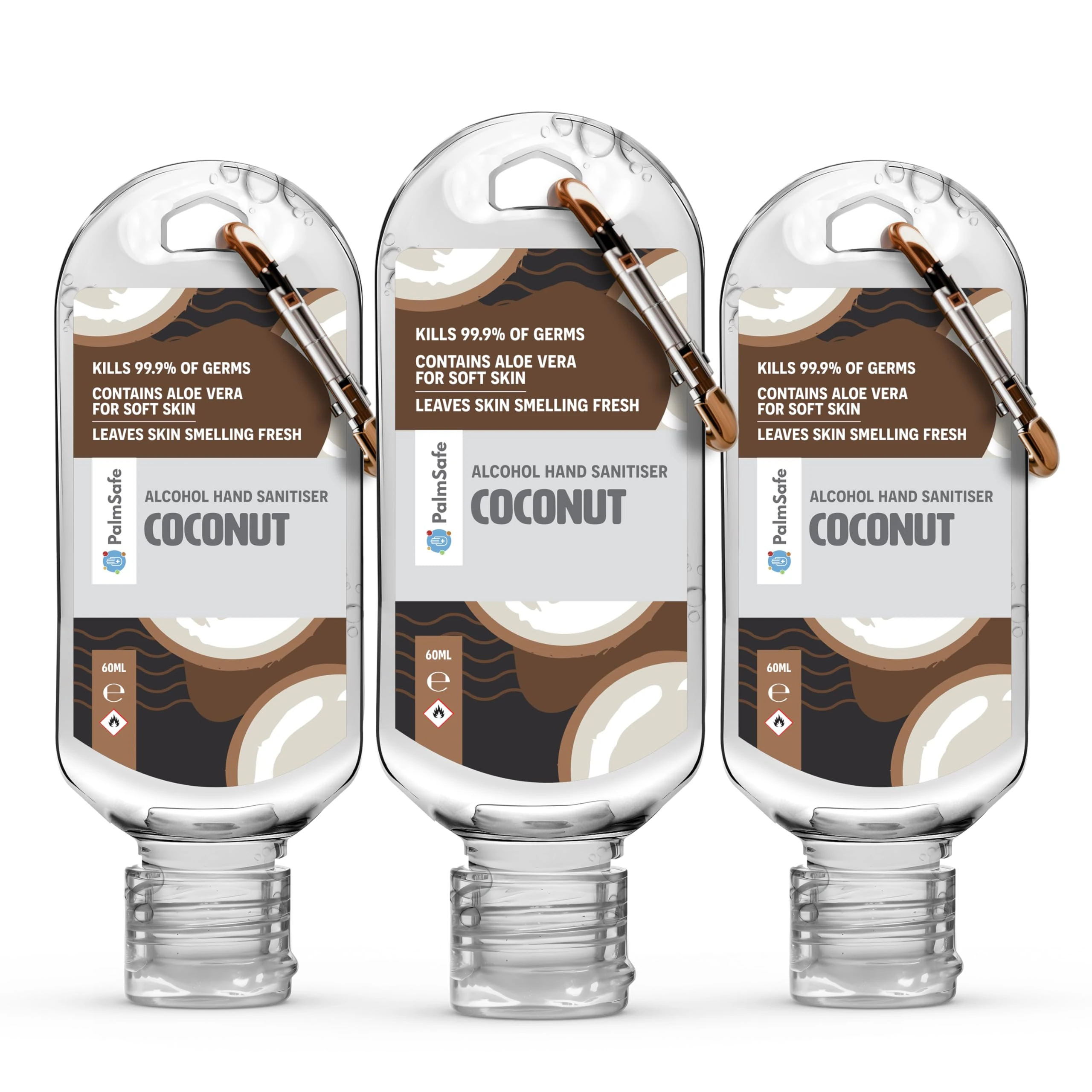 Palm Safe Coconut 3 Pack 60ml Anti Bacterial Premium Hand Sanitiser Travel Size Refillable Clip Bottle Quick Drying Non Sticky Extra Moisturising Kills 99.9% of Viruses and Bacteria
