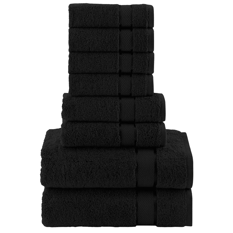 Elegant Comfort Premium Cotton 8-Piece Towel Set, Includes 4 Washcloths, 2 Hand Towels and 2 Bath Towels, 100% Turkish Cotton - Highly Absorbent and Super Soft Towels for Bathroom, Black