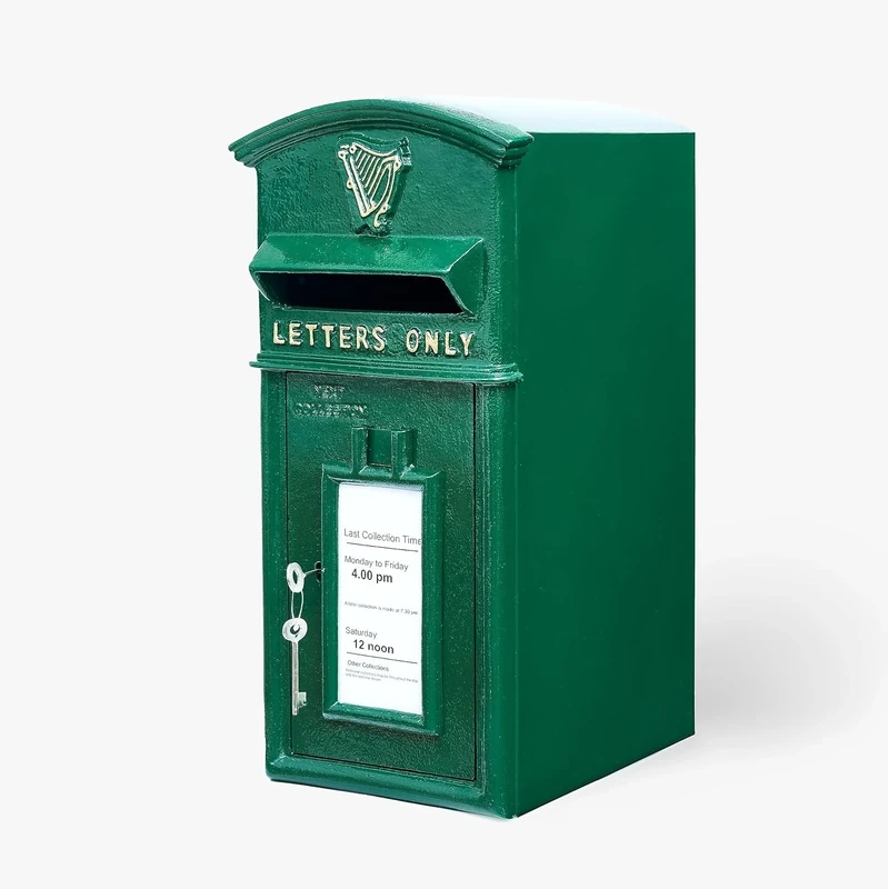 Assorted Collections Traditional Irish Green Shamrock Post Box with Lock - Wall Mount/Pillar Mount Letterbox – Lockable Cast Iron Postage Box (24 x 31 x 57 cm, 18kg)