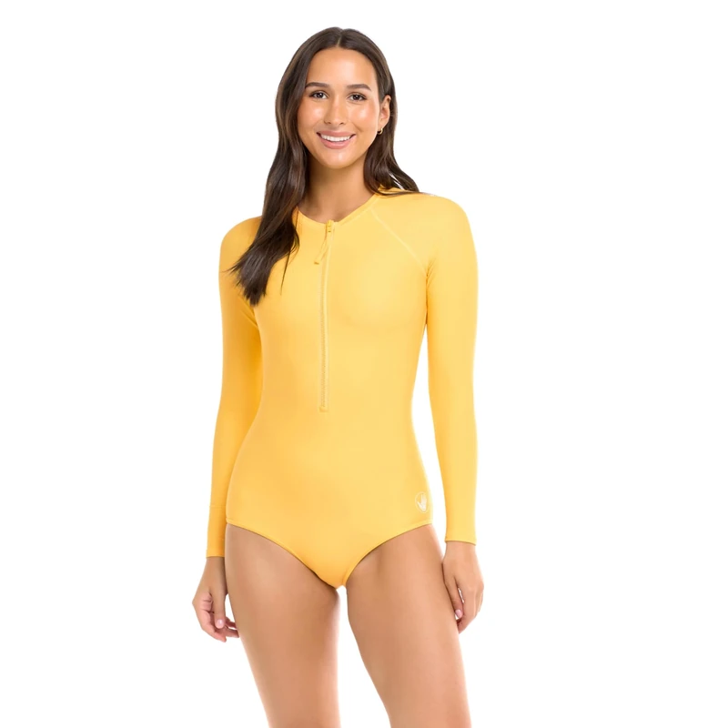 Body Glove Women's Long Sleeve Zip Front Paddle Suit with UPF 50+ One Piece Swimsuit, Canary, S