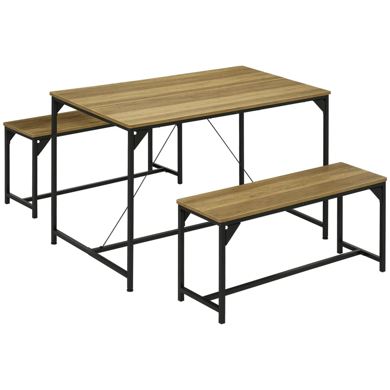 HOMCOM Dining Table and Bench Set for 4, Kitchen Table with 2 Benches, Space Saving Dining Room Sets, Natural