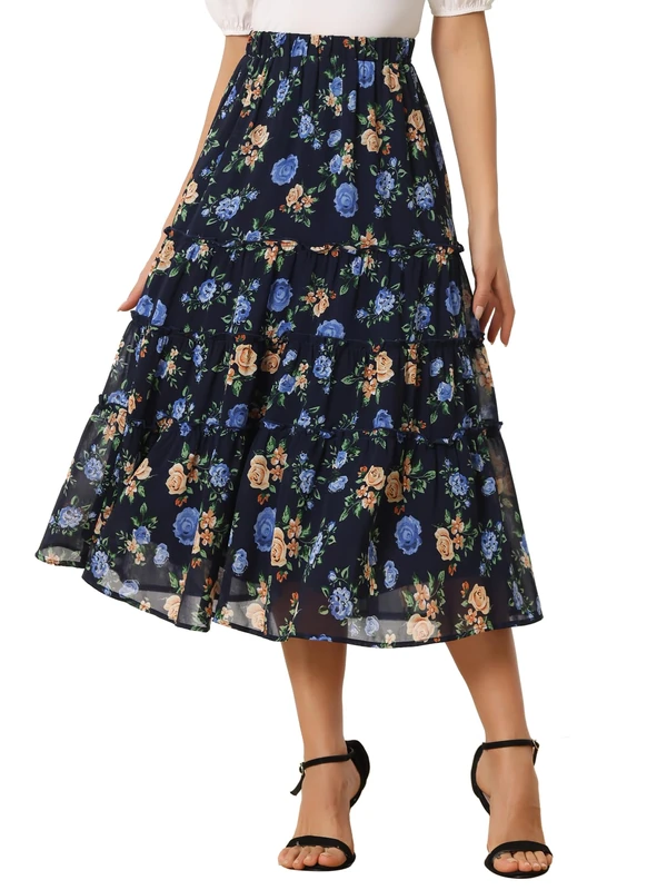 Allegra K Women's Floral Skirt Chiffon A-line Long Tiered Ruffle Boho Summer Midi Skirts, Navy, M