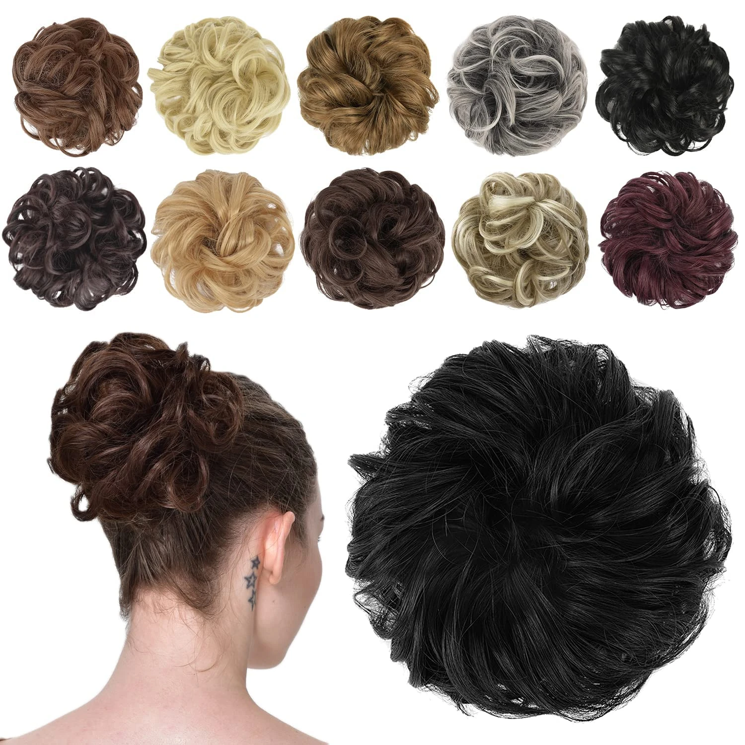 FESHFEN Messy Bun Hair Pieces - Wavy Curly Elastic Hair Bun Scrunchies Ponytail Extensions Synthetic Accessories Chignon Hairpieces for Women, Natural Black 42 g