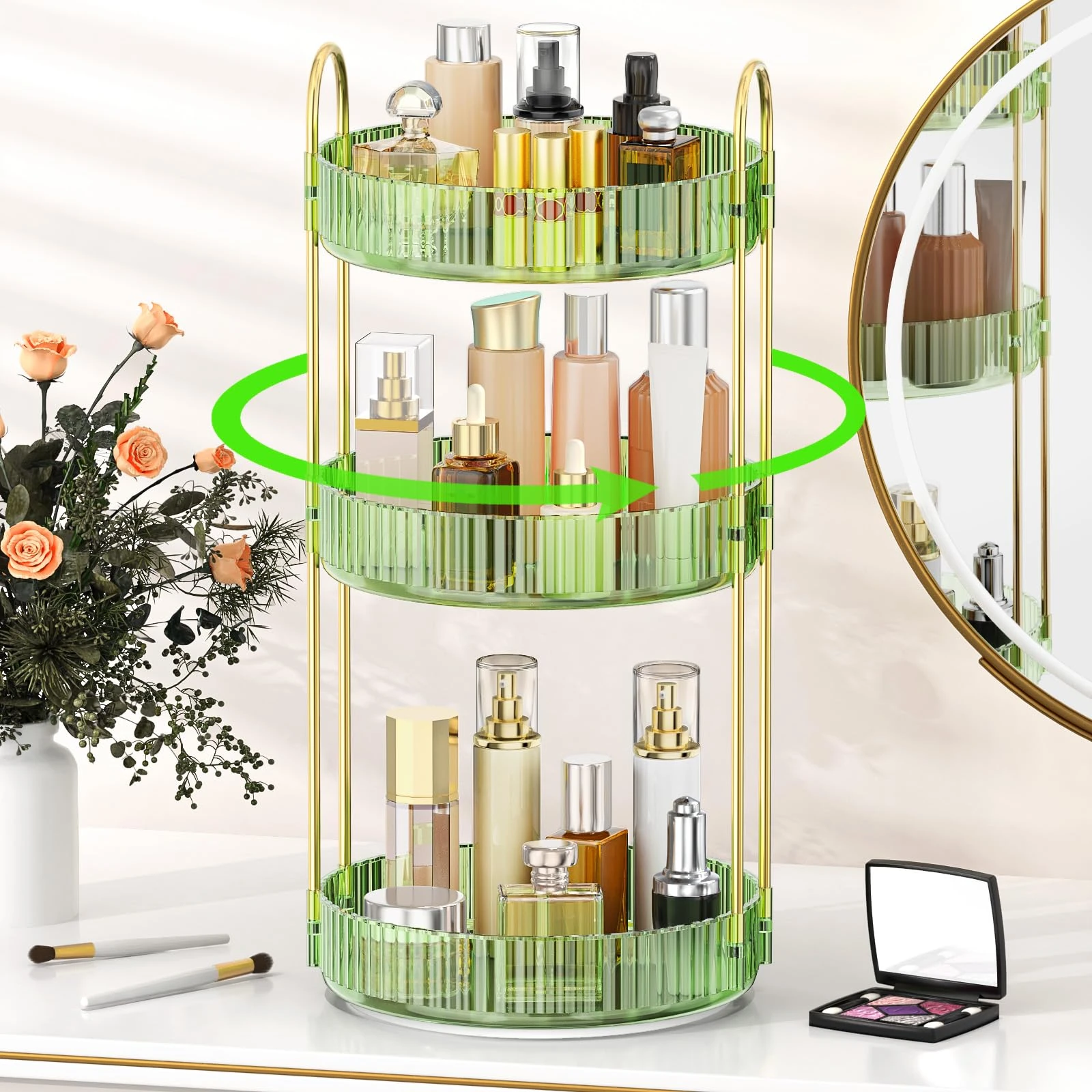MOKANI 360 Rotating Makeup Organiser, 3 Tiers Spinning Skincare Organiser, Multi-Function Make Up Storage, Large Capacity Cosmetic Perfume Stand for Vanity, Bathroom and Bedroom, Green