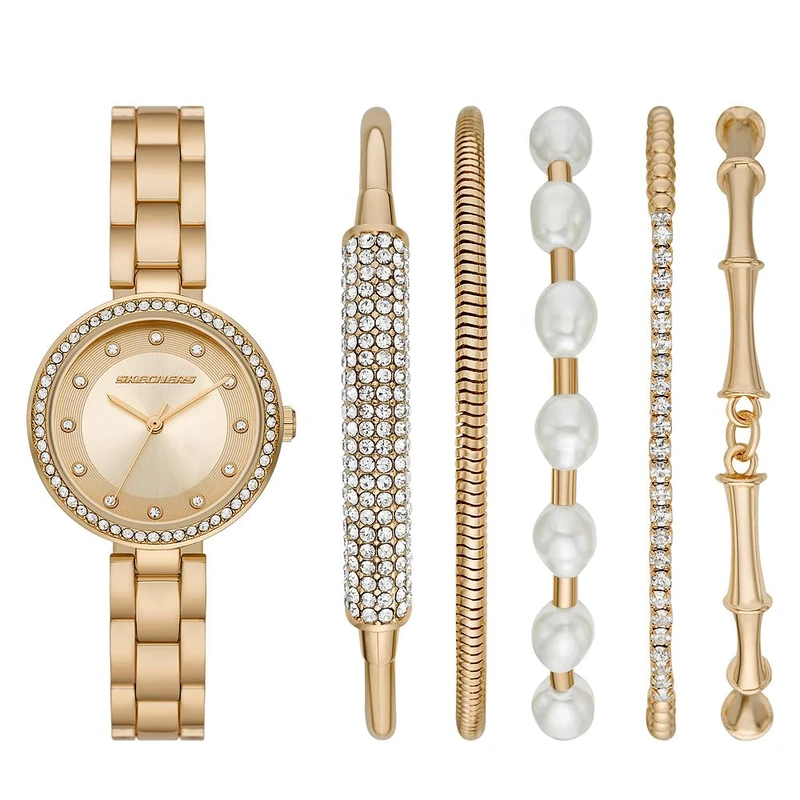Skechers Watch Set For Women, Quartz Movement With Silicone, Polyurethene, Leather Or Stainless Steel Strap, Gold tone set, 32MM