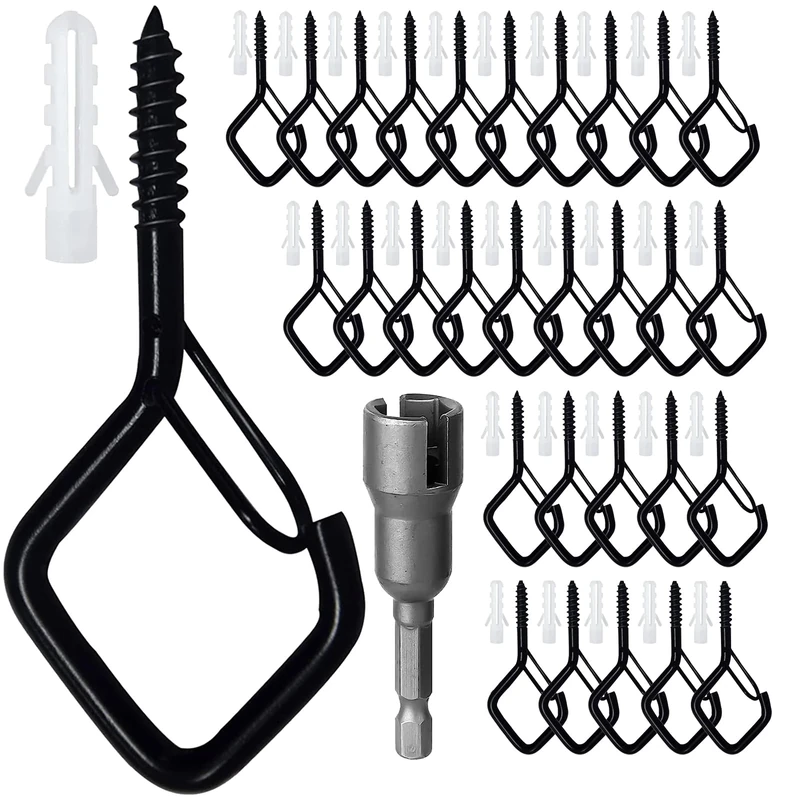 Ticway 30 Pcs Outdoor Hooks for String Lights,Screw Hooks for Hanging Plants,Ceiling Hooks with Safety Buckle,Square Hanger for Wind Chimes,Bird Feeder,Lanterns,Christmas Decorations (Black)