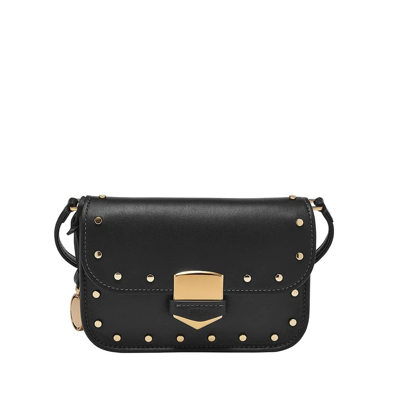 Fossil Women's Small Flap Crossbody Lennox Soft Cowhide Leather, ZB1977001, Black and Gold, 17.8 cm L x 4.4 cm W x 12.7 cm H
