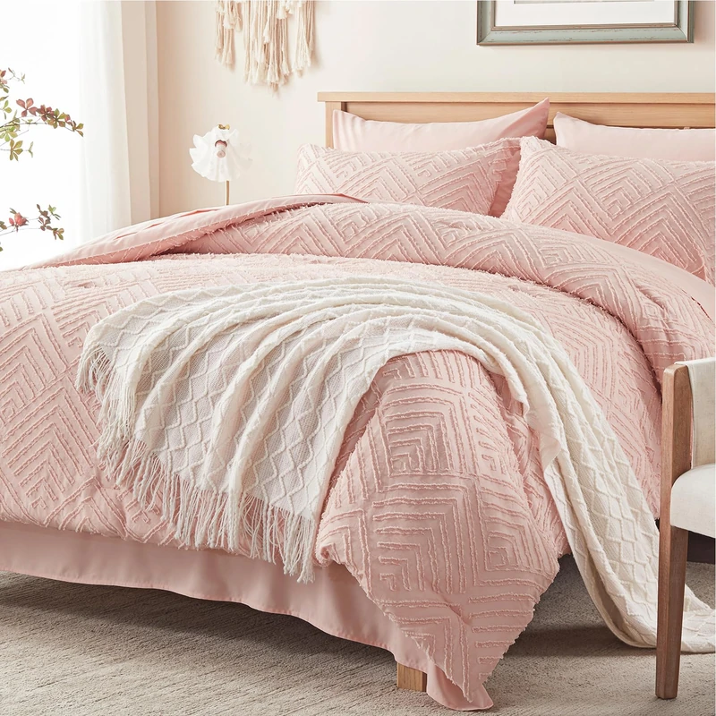 Zzlpp King Comforter Set 7 Pieces, Pink Tufted Bed in a Bag with Comforter and Sheets, All Season Boho Bedding Sets with 1 Comforter, 2 Pillow Shams, 2 Pillowcases, 1 Flat Sheet, 1 Fitted Sheet