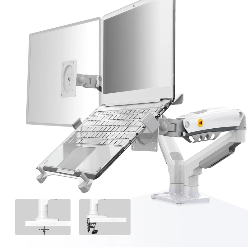 NB North Bayou Laptop Mount with Adjustable Tray for 10-17”Notebook, Full Motion Arm with VESA Plate for 17-30”Monitor,Clamp-on Grommet Mounting F160-FP (White)