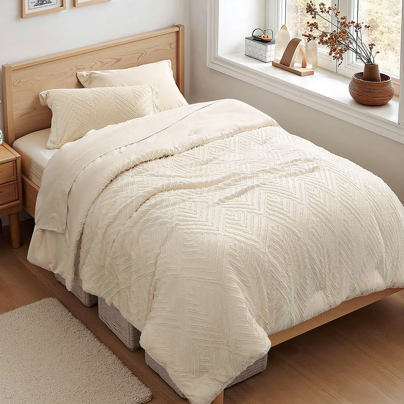 Zzlpp Twin Comforter Set 5 Piece, Cream Bed in a Bag Twin Size Bedding Sets