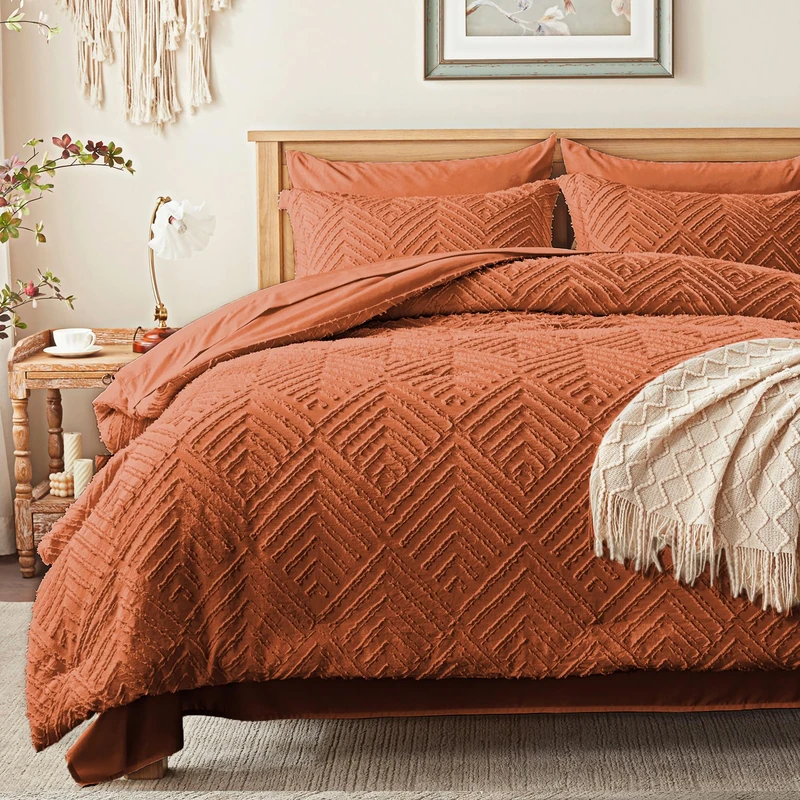 Zzlpp Twin Comforter Set 5 Pieces, Burnt Orange Tufted Bed in a Bag with Comforter and Sheets, All Season Boho Bedding Sets with 1 Comforter, 1 Pillow Sham, 1 Pillowcase, 1 Flat Sheet, 1 Fitted Sheet
