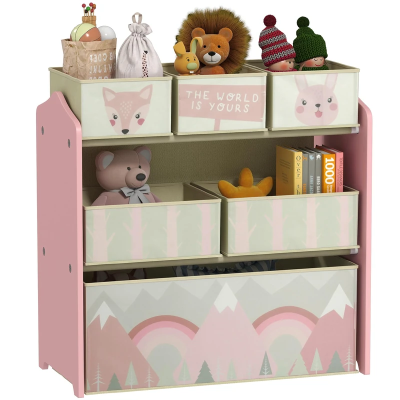 ZONEKIZ Kids Storage Unit, Childrens Toy Storage Organiser, with 6 Fabric Bins, for Bedroom, Nursery, 63 x 30 x 66cm, Pink