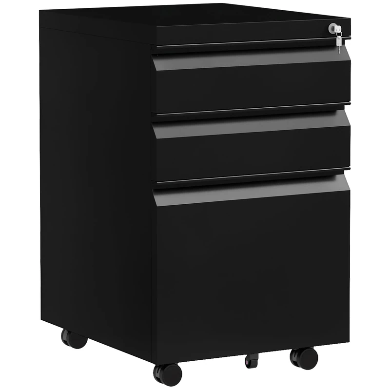 Vinsetto 3-Drawer Filing Cabinet with Lock, Mobile Steel File Cabinet for A4, Legal and Letter Size, Under Desk Drawers with Pre-Assembled Body for Home Office, 37 x 43.5 x 60 cm, Black