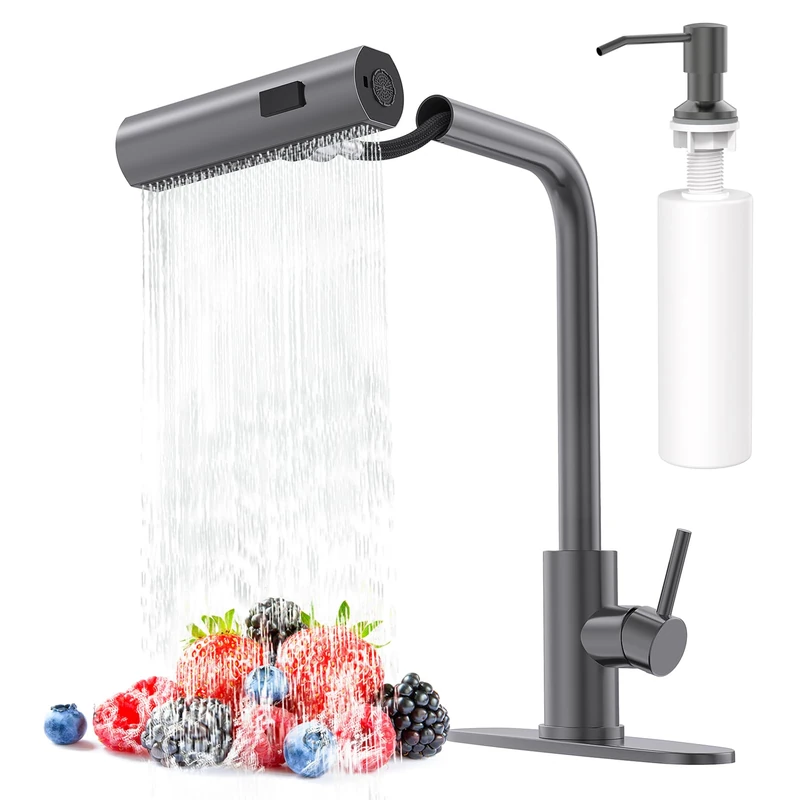 Single Hole Kitchen Faucet with Pull-Out Sprayer, Single Handle, High Flow Water, Pull-Out Faucet, Stainless Steel Tall Kitchen Faucet in Matt Grey, Touch on for Effortless Control and Durability