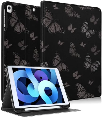 Pegmode for iPad 9th/8th/7th Generation Case Women Girls Cute Butterfly Folio Cover Black Girly Aesthetic Pretty Design With Pencil Holder Smart Cover for Apple iPad 9/8/7 Gen Cases A2602 A2270 A2197