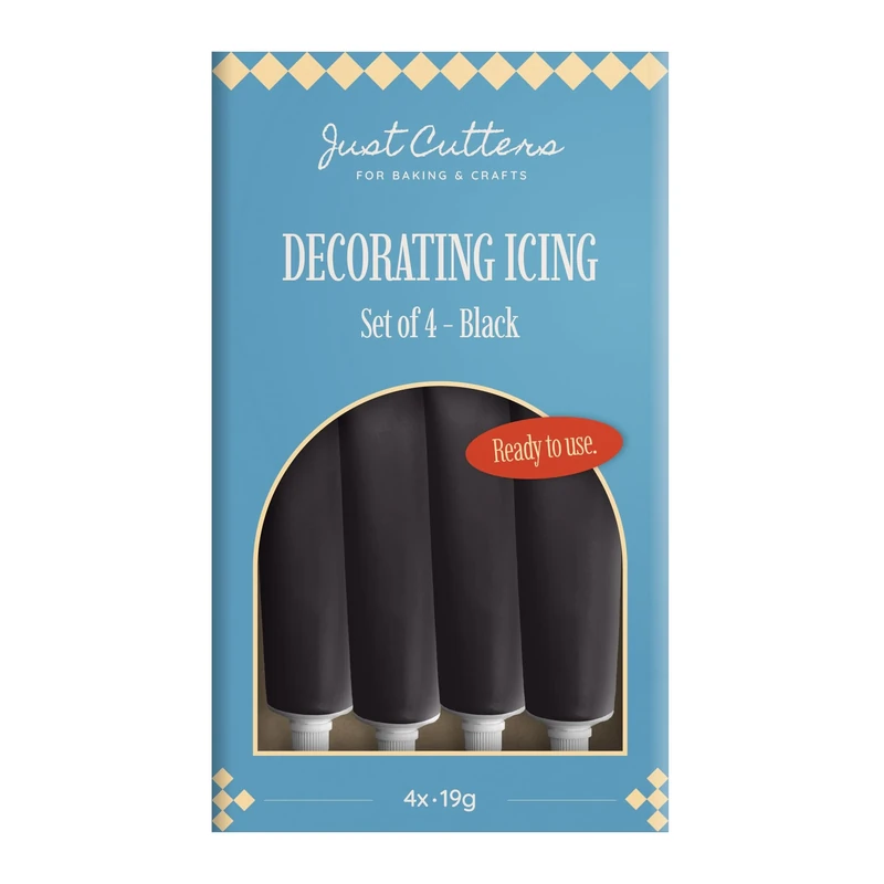 JUST CUTTERS Pack of 4 x 19g Writing Icing Tubes | Ready To Use | Instant Icing Pens for Writing, Drawing & Personalising Cakes, Biscuits & Baking (Black) - Image 1