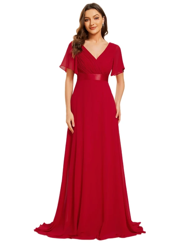 Ever-Pretty Women's Double V-Neck Short Flutter Sleeves Empire Waist Elegant Chiffon Long Evening Dresses Red 22UK