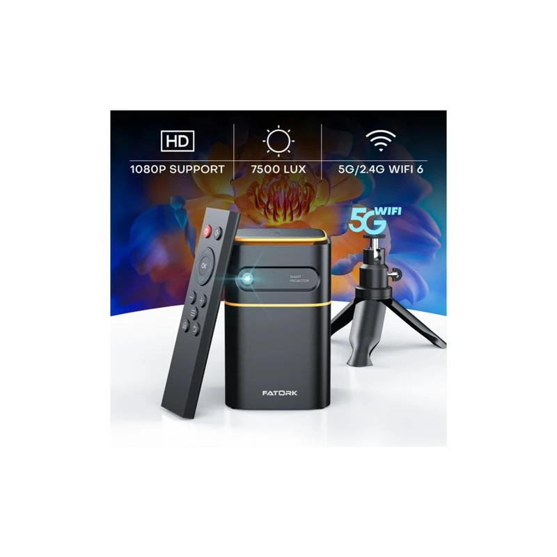 FATORK Mini Projector with 5G WiFi,1080P HD Small Projector Short Throw with Tripod, Outdoor Projector for Phone, Rechargeable Portable Projector, Compatible with iOS/Android/TV Stick/HDMI/USB 2.0