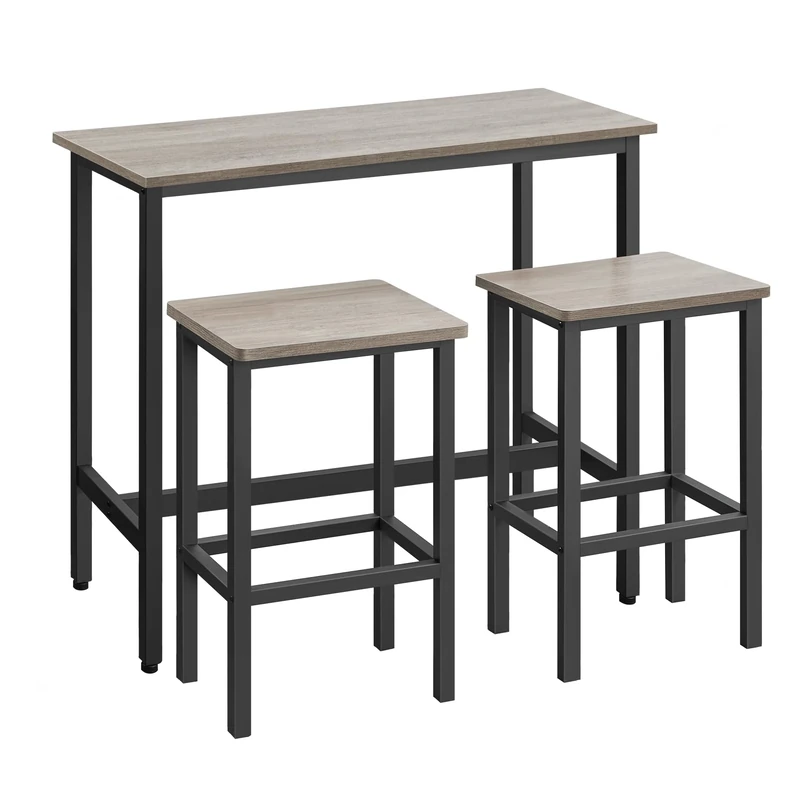 VASAGLE Dining Table Set, Bar Table and Stools, Breakfast Bar Table with 2 Rectangular Bar Stools, Industrial Steel Frame, Heather Greige and Ink Black LBT218B02