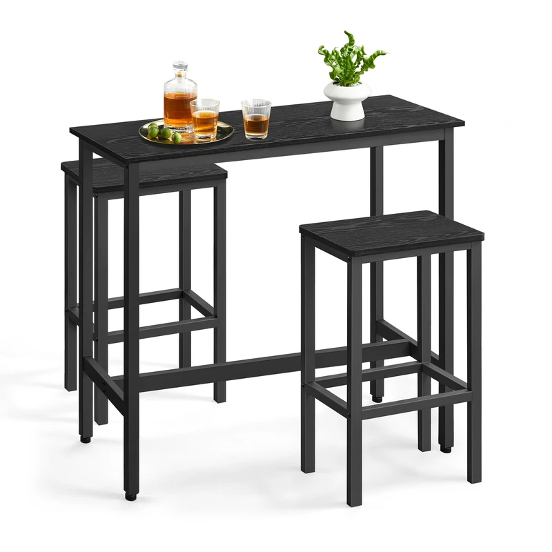 VASAGLE Dining Table Set, Bar Table and Stools, Breakfast Bar Table with 2 Rectangular Bar Stools, Industrial Steel Frame, Ebony Black and Ink Black LBT218B56 - Image 1