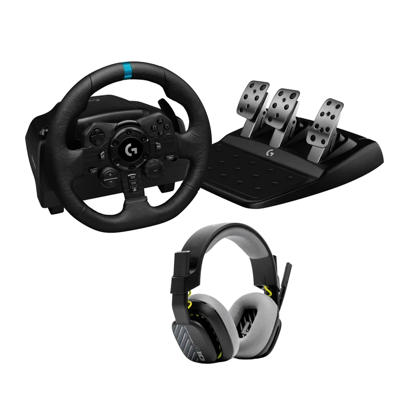 Logitech G923 Racing Wheel and Pedals, TRUEFORCE up to 1000 Hz Force Feedback + ASTRO A10 Gaming Headset Gen 2 Wired Headset - Over-ear gaming headphones – PS5, PS4, PC - Black
