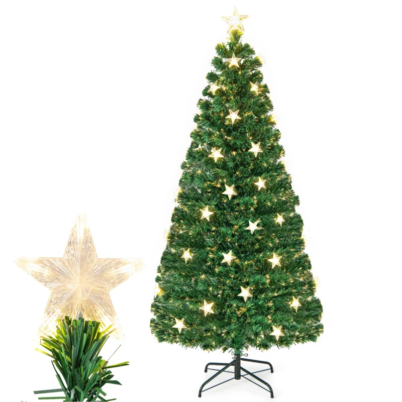 GYMAX 5 FT/6 FT Fiber Optic Artificial Christmas Tree, Pre-lit Xmas Tree with 180/230 Branch Tips, 21/30 Warm White Star Lights and 8 Lighting Modes, Holiday Decor Tree for Home Office Holiday (6FT)